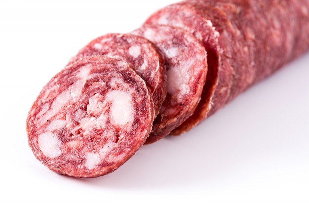 Cold meat chorizo sausage slices isolated on white