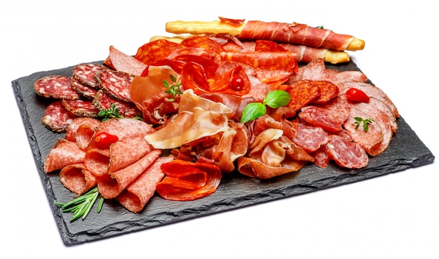 Cold meat plate with salami and chorizo sausage and parma