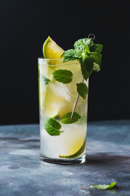 Cold Mojito cocktail with rum, lime, ice cubes and mint