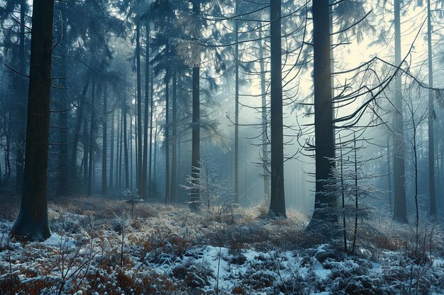 Cold morning in winter forest with fog beautiful and misty czech landscape