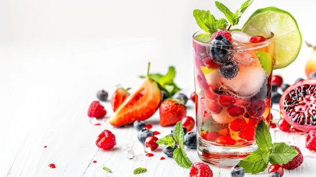 Cold multi fruit cocktail drink with slices of lime mint leaf isolation on a white