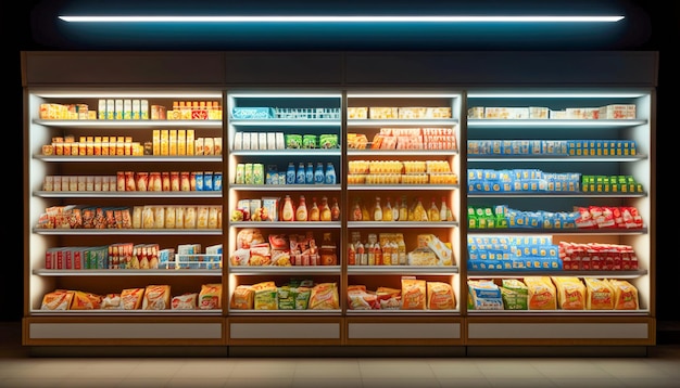 Photo cold and ready the well stocked front view of a supermarket refrigerator generative ai