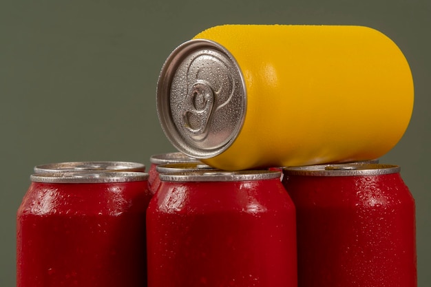 Cold red soda cans with a yellow one for conceptual use