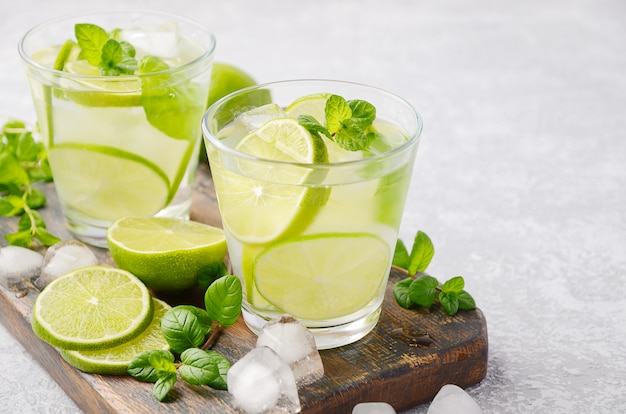 Cold refreshing summer drink with lime and mint in a glass on a gray concrete or stone table.