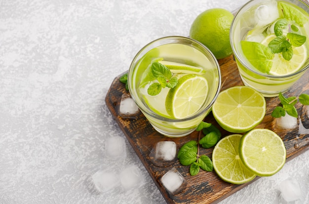 Cold refreshing summer drink with lime and mint in a glass on a gray concrete or stone table.