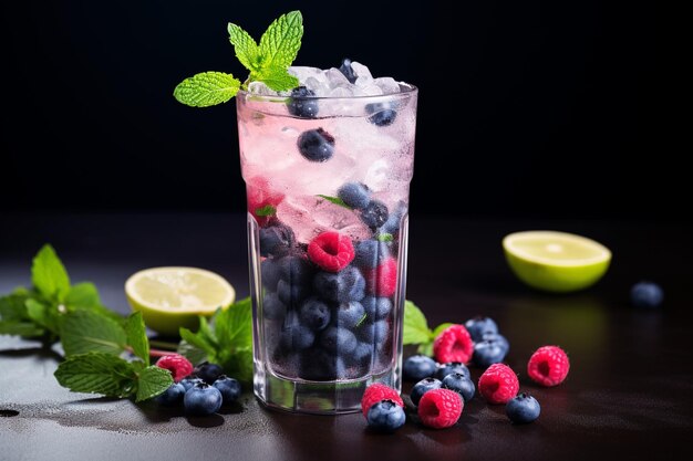 Cold refreshing summer drink with lime and mint in a glass on a gray concrete or stone