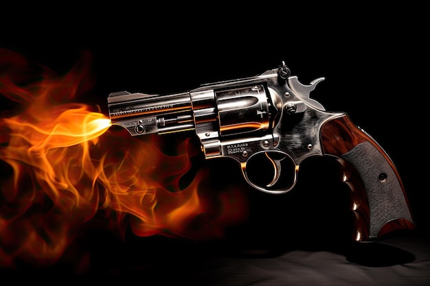 A cold revolver with fire shooting Self defense weapon concept Black background Generative AI