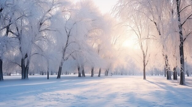 寒い季節の屋外の風景は日の出時に氷と雪で覆われた草原の氷の木です