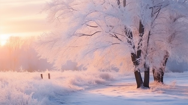 Cold season outdoors landscape a frost tree in meadow ground covered with ice and snow at sunrise