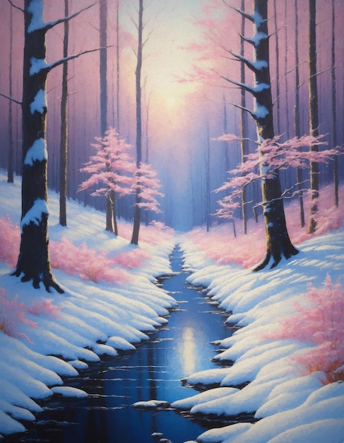 Cold snowy winter forest landscape digital illustration