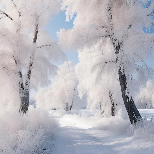 춥고 눈이 내리는 서리 덮인 나무