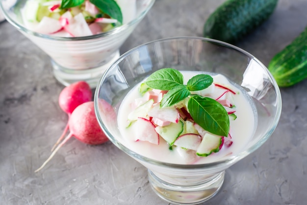 Cold soup with vegetables, herbs and kefir