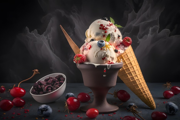 Cold and spicy ice cream with chilli and berries photography