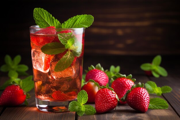 Cold strawberry cocktail with mint