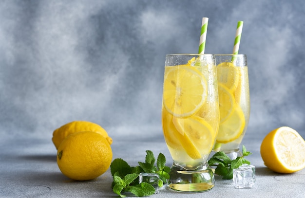 Cold summer drink with lemon and mint  lemonade. Classic lemonade with ice