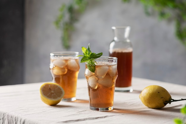 Cold summer tea with lemon and mint,