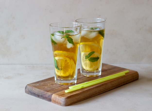 Cold tea with lemon and mint. A summer drink. Healthy eating. Vegetarian food. Diet.