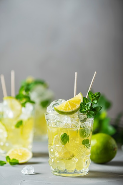 Cold tea with lime, mint and ice