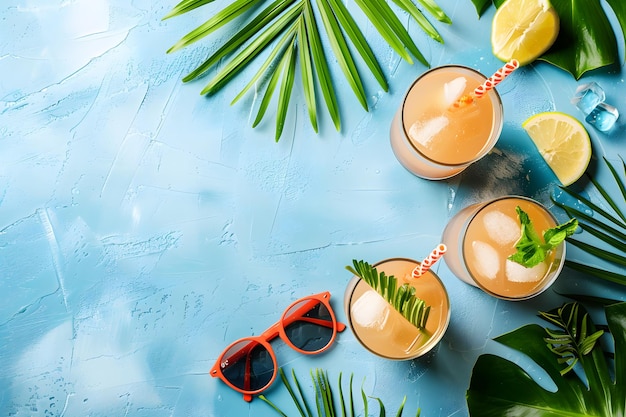Photo cold tropical drinks and sunglasses on blue background summer holiday background high angle view