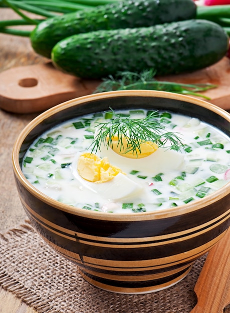 Cold vegetable kefir soup with eggs and greens