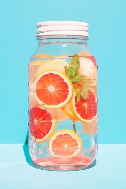 Foto acqua fredda con arancione rosso e ghiaccio in bicchiere su sfondo blu pastello limonata rinfrescante estate