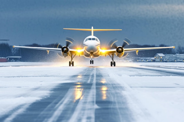 Cold Weather Landing Jet aircraft overcomes blizzard on snowy runway highlighting aviation safety measures during challenging winter weather