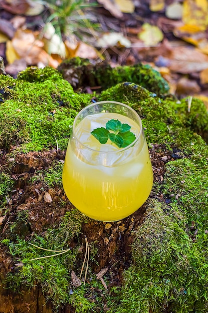 Cold yellow cocktail with ice cubes