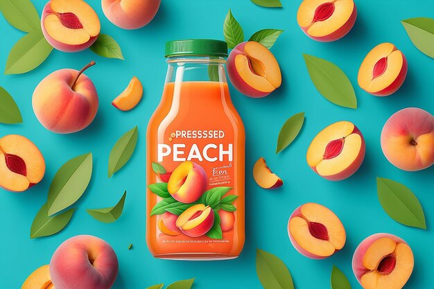 Coldpressed peach juice ad template in colorful paper cut design concept of natural garden or farm