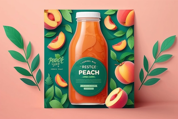 Coldpressed peach juice ad template in colorful paper cut design concept of natural garden or farm