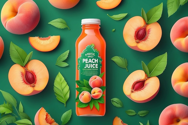 Photo coldpressed peach juice ad template in colorful paper cut design concept of natural garden or farm