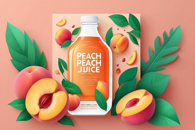 Coldpressed peach juice ad template in colorful paper cut design concept of natural garden or farm