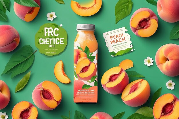 Coldpressed peach juice ad template in colorful paper cut design concept of natural garden or farm