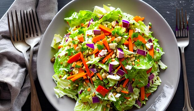 Foto insalata di cavolo con carota su tavolo di cucina grigio vista superiore spazio di copia