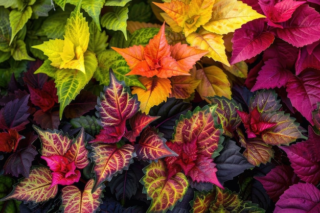 Photo coleus different varieties of colourful foliage plant with vibrant red and green leaves on natural