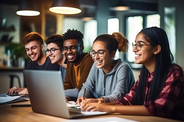 写真 コラボレーティブな陽気な学生グループが生産的な大学教室ディスカッションコラブに携わっています