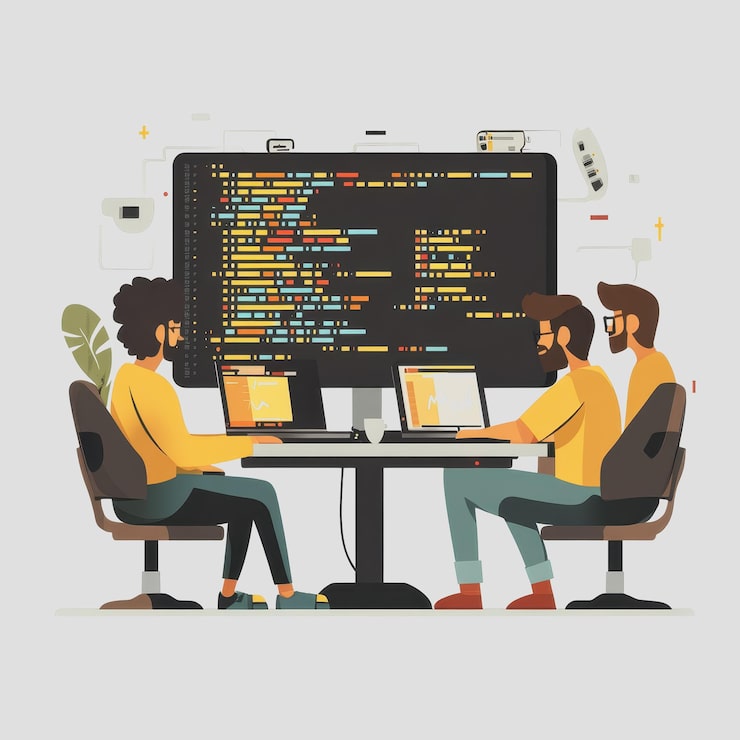 Photo collaborative coding session with programmers debugging software on laptops in modern office space with large computer screen displaying code