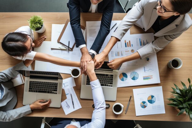 Photo collaborative connections office workers sharing high fives in classic attire while mastering lapto