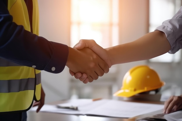 Collaborative Construction Endeavor Architect and Engineer Workers Shaking Hands