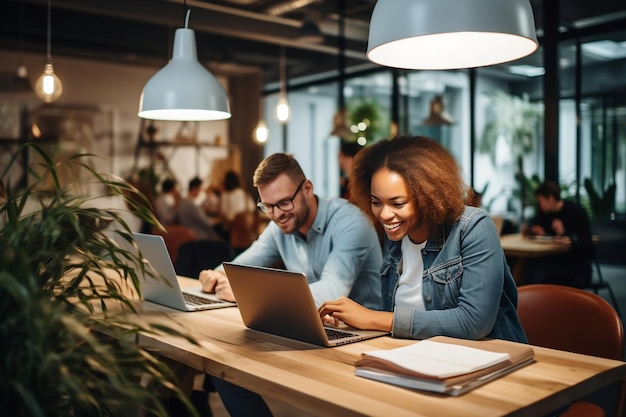 Photo collaborative laptop use among design professionals in a modern workspace generative ai