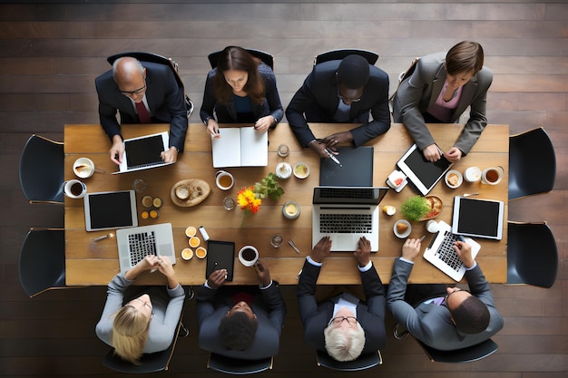 Collaborative Workspace Diverse Group of Professionals Working Together with Laptops and Coffee on T