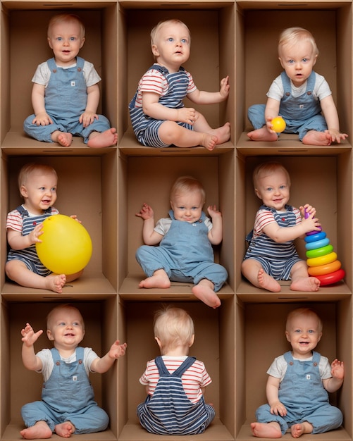 Collage of 9 photos little baby boy in cardboard box Child with toy expresses different emotions