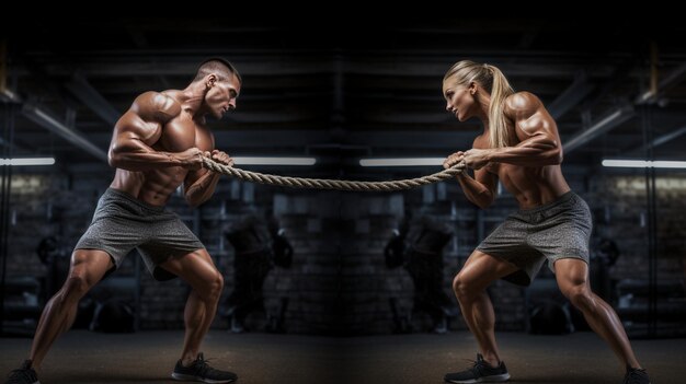 Collage about man and woman with battle ropes exercise in the fitness gym