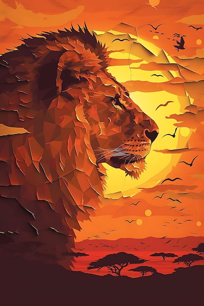 Photo collage of african lion with savannah sunset themed torn paper collage poster flyer concept style