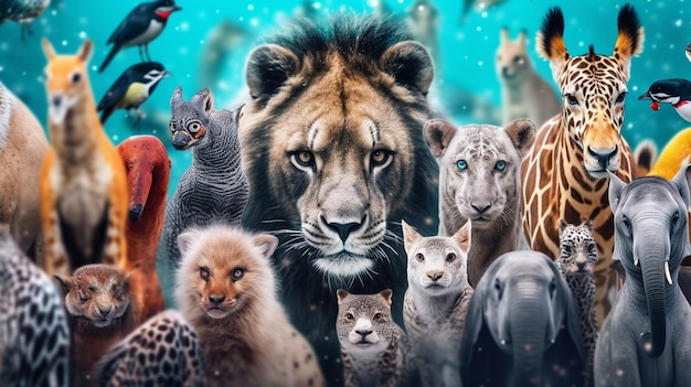 Foto un collage di animali tra cui una leonessa e un leopardo.