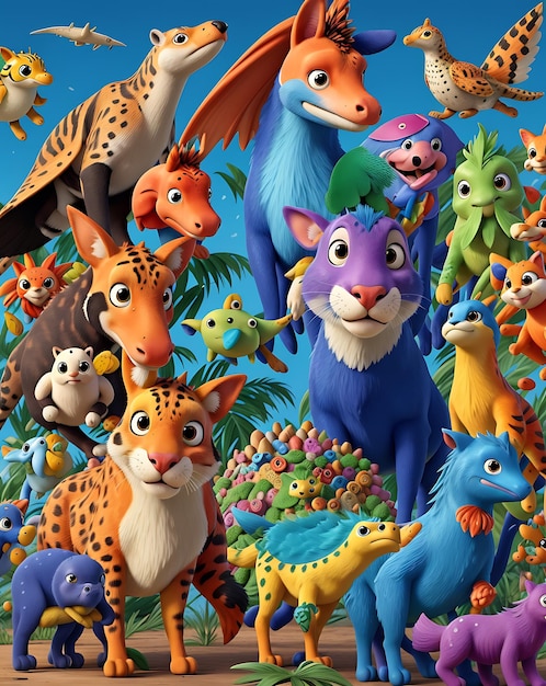 青色の背景にアニメーション化された動物のコラージュ。