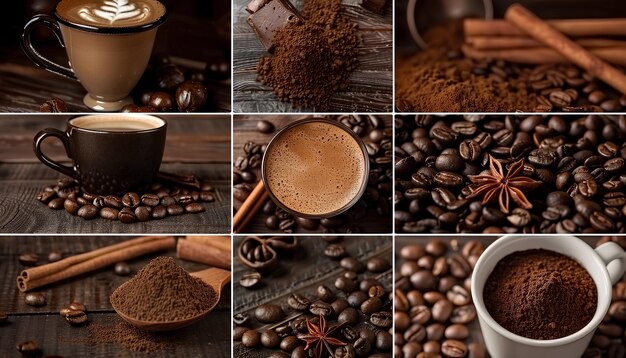 Photo collage of aromatic coffee beverage with roasted beans and powder