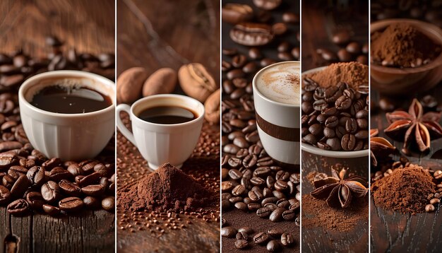 Photo collage of aromatic coffee beverage with roasted beans and powder