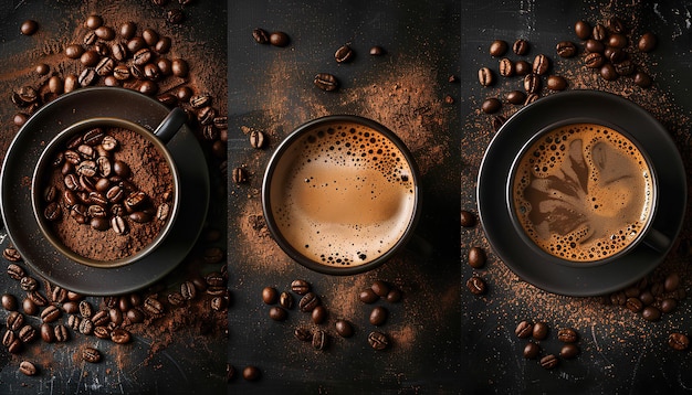 Photo collage of aromatic coffee beverage with roasted beans and powder