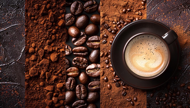 Photo collage of aromatic coffee beverage with roasted beans and powder