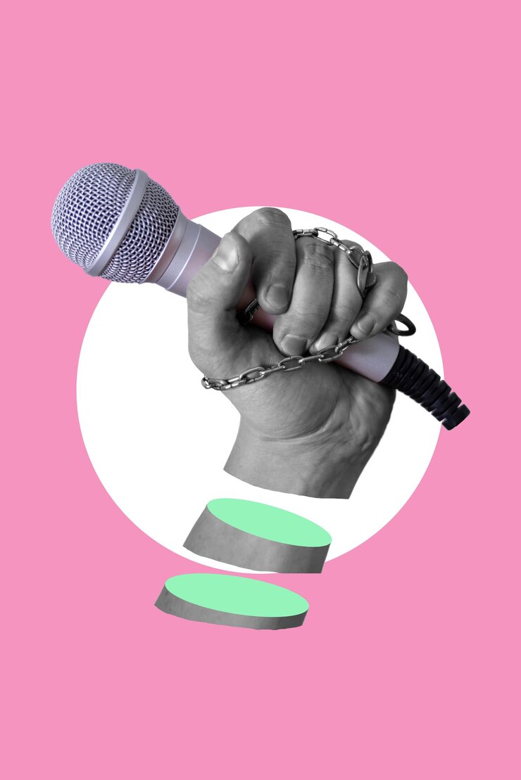 Photo collage art the hand with the microphone on pink background